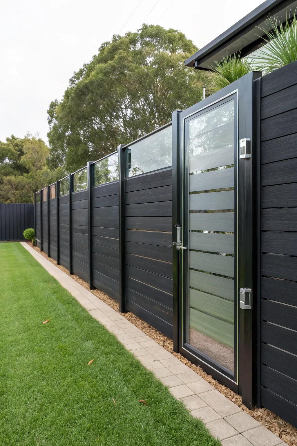 A mixed-material black fence brings a modern twist to outdoor spaces.