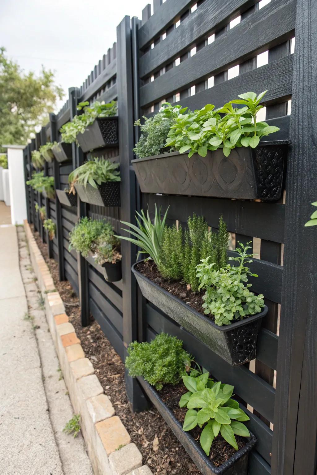 A vertical garden brings life and color to a black fence.