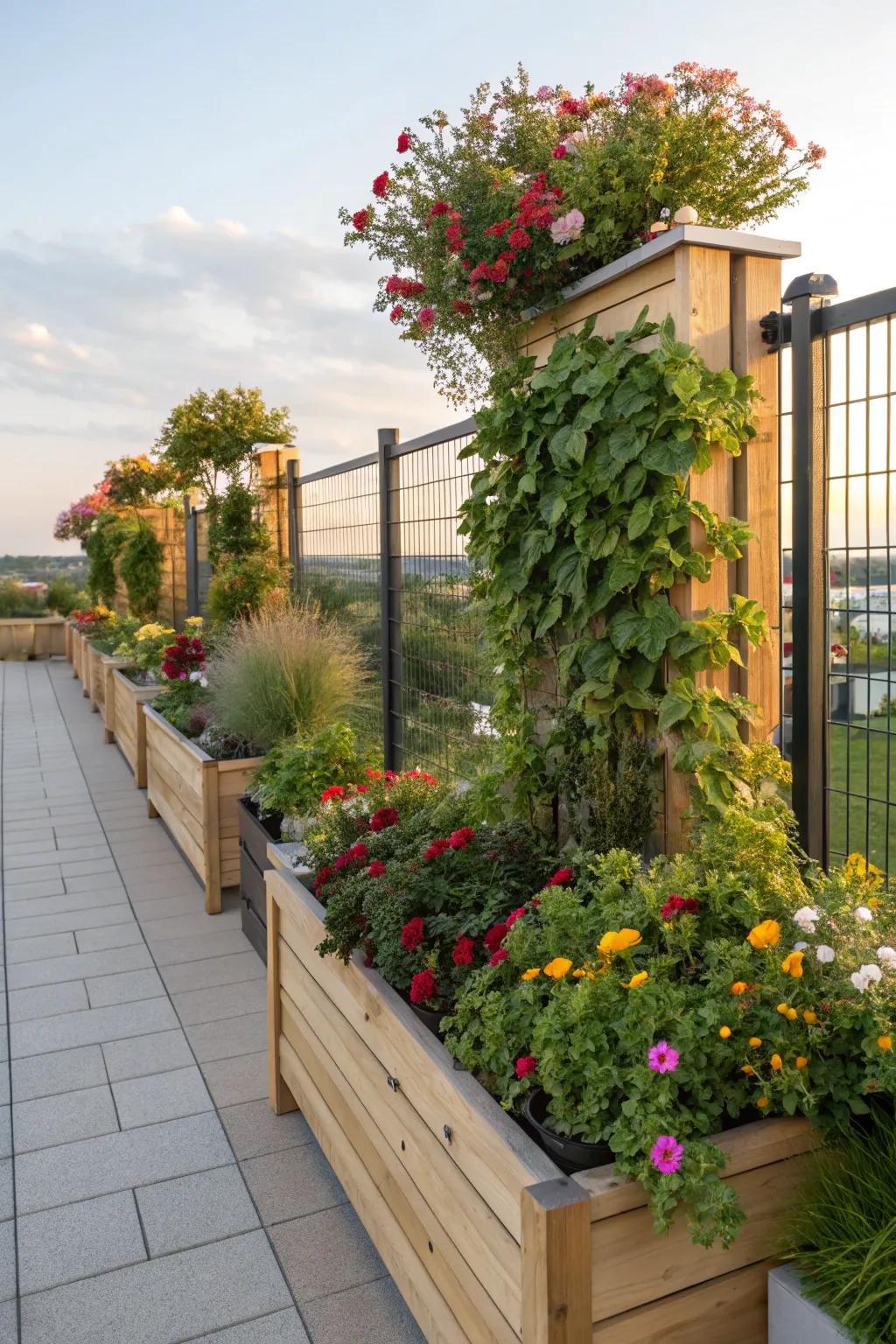 Integrated planters add greenery and life to terrace fences.