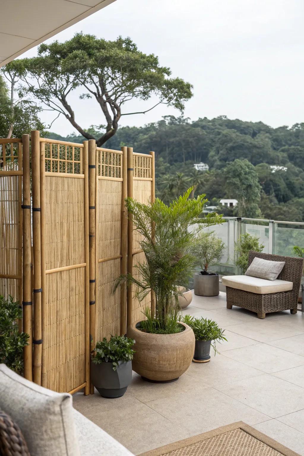 Stylish privacy screens add seclusion and a touch of nature.