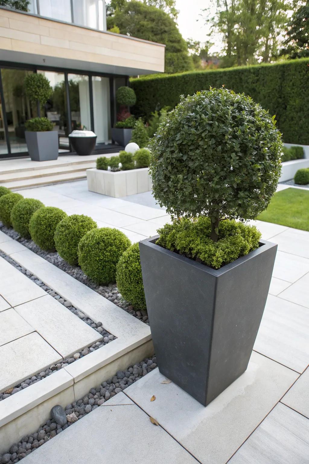 Striking sculptural boxwoods enhance garden focal points.