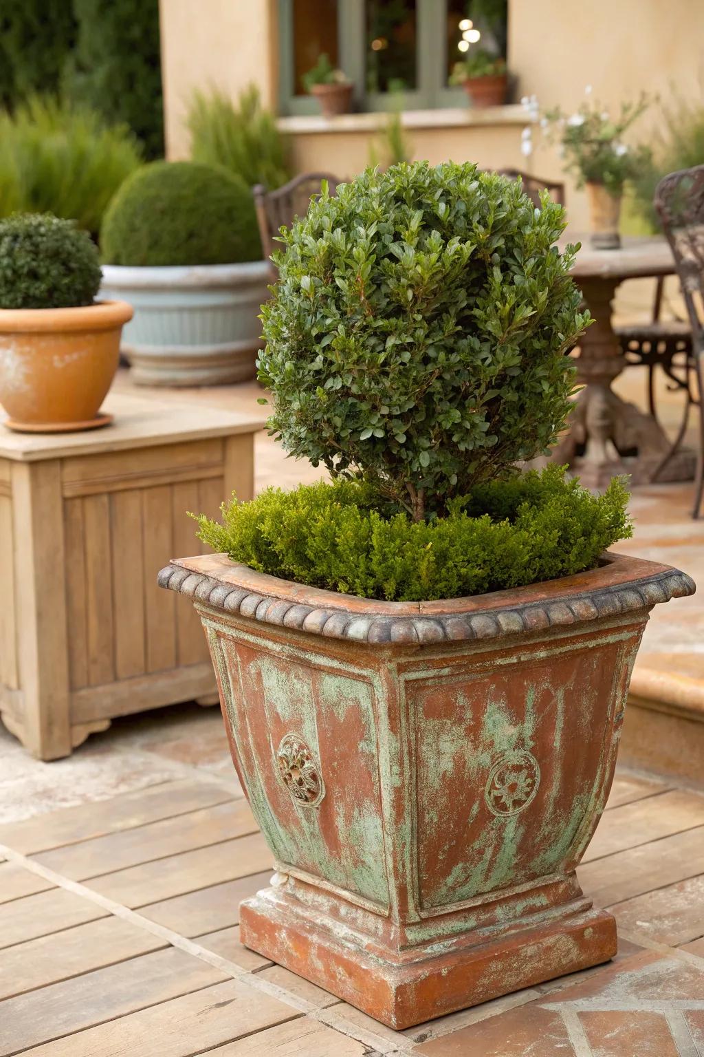 Aged planters give a rustic feel to garden décor.
