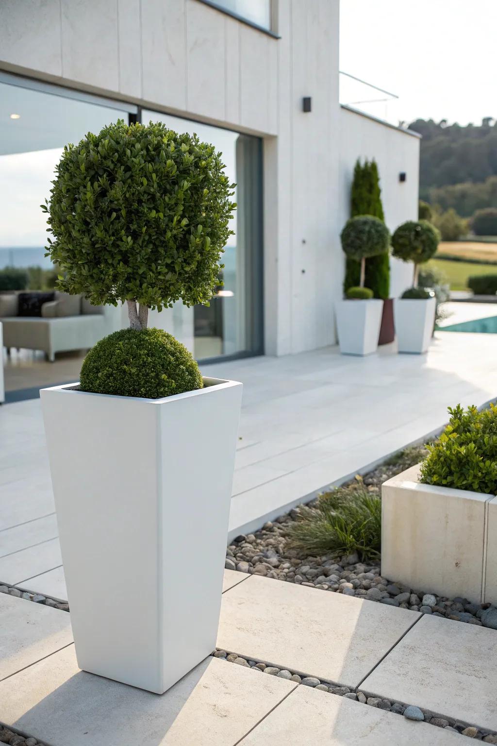 Minimalist planters emphasize boxwood's sleek form.