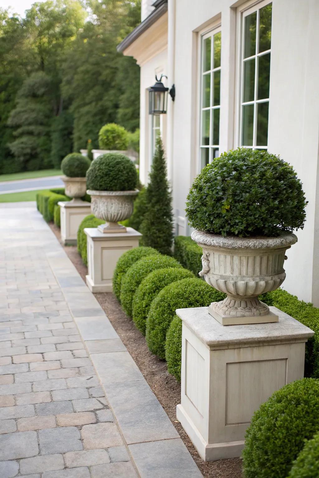 Boxwood planters significantly uplift home exteriors.