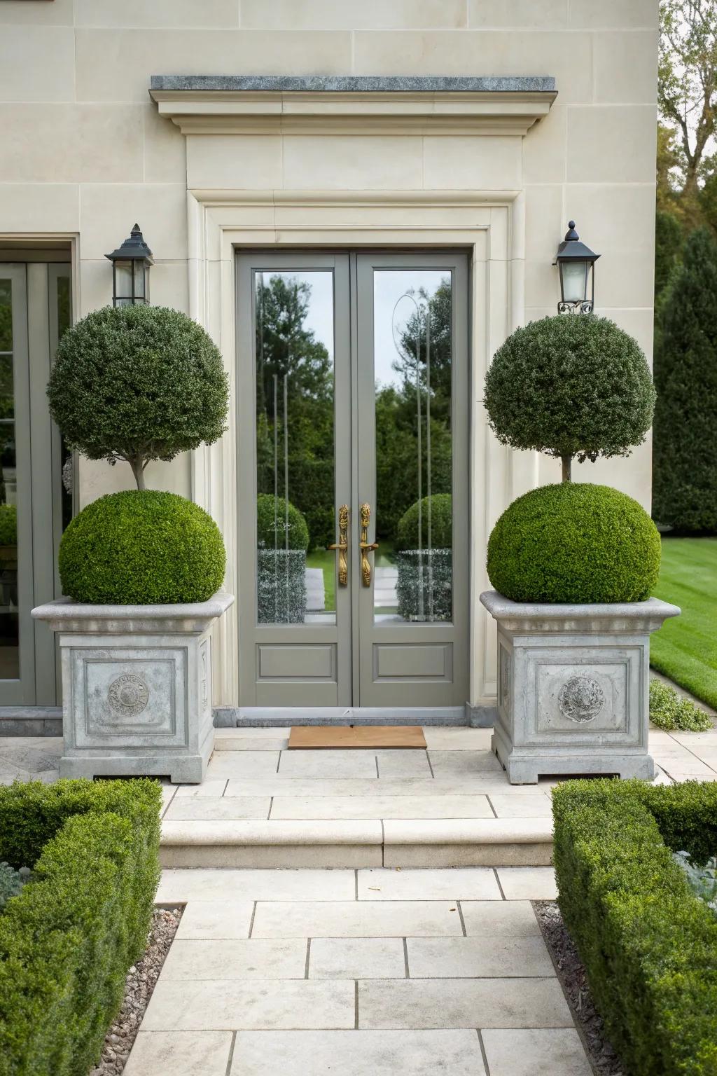 Balanced boxwood planters provide welcoming entryways.