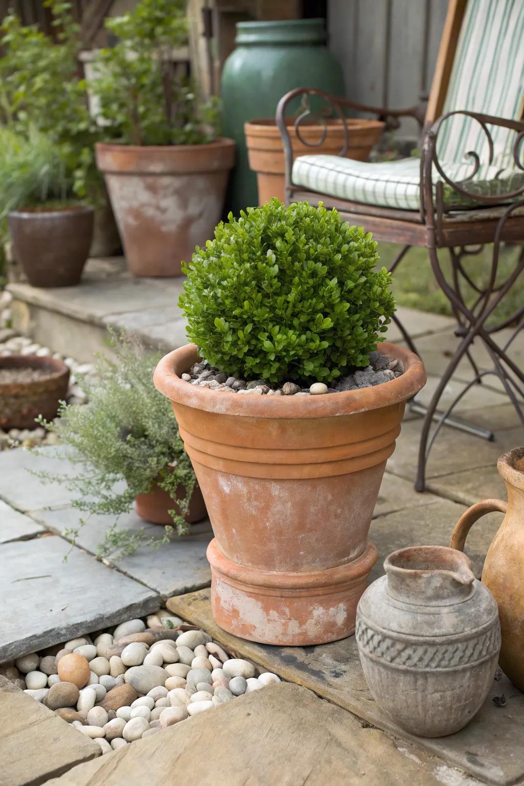 Terracotta pots pair beautifully with boxwoods.