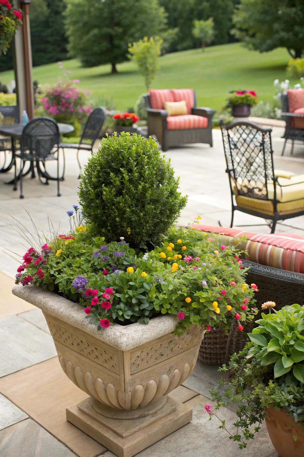 Mixing boxwoods and colorful flowers in planters livens spaces.