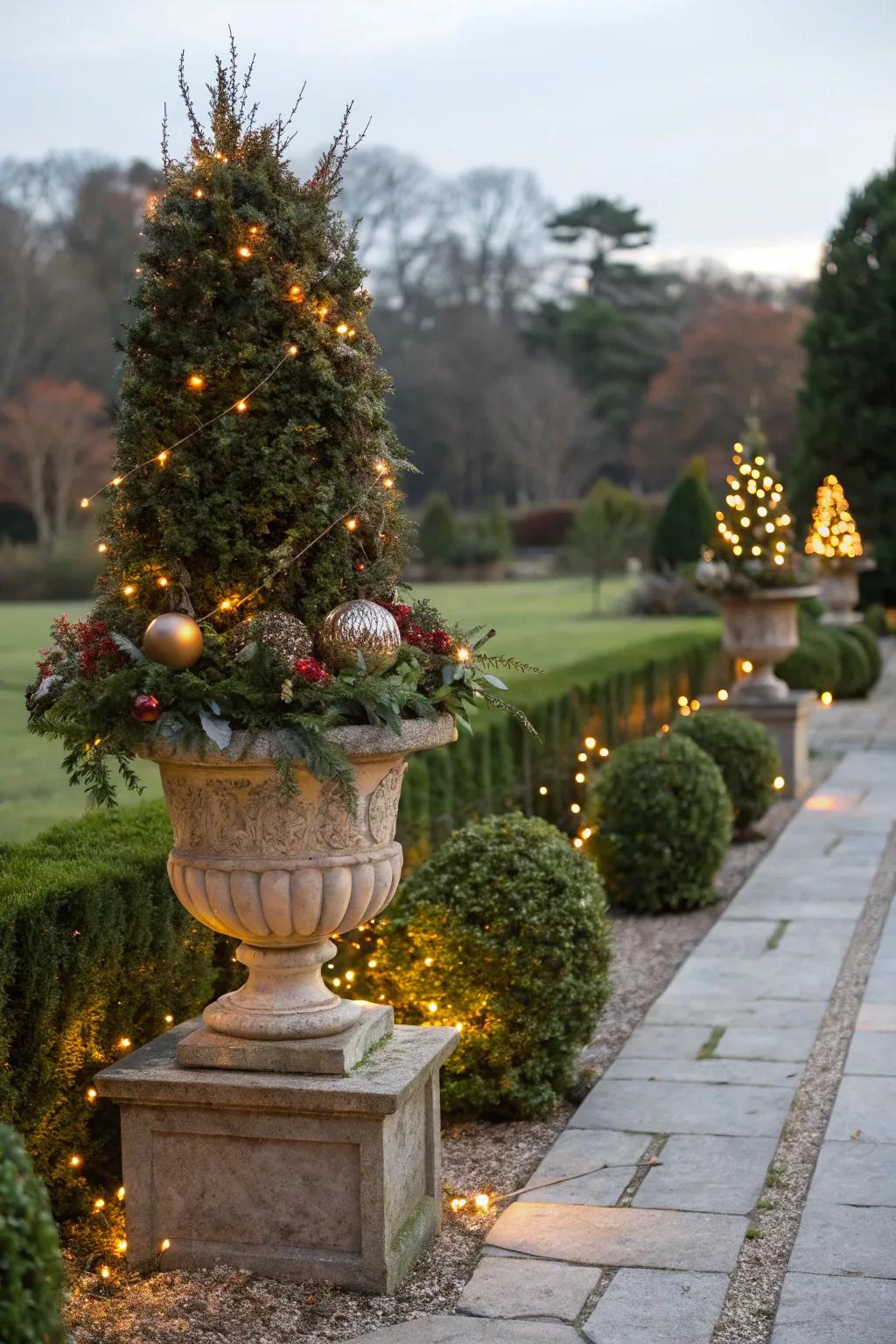 Seasonal decorations refresh boxwood planters for holidays and events.