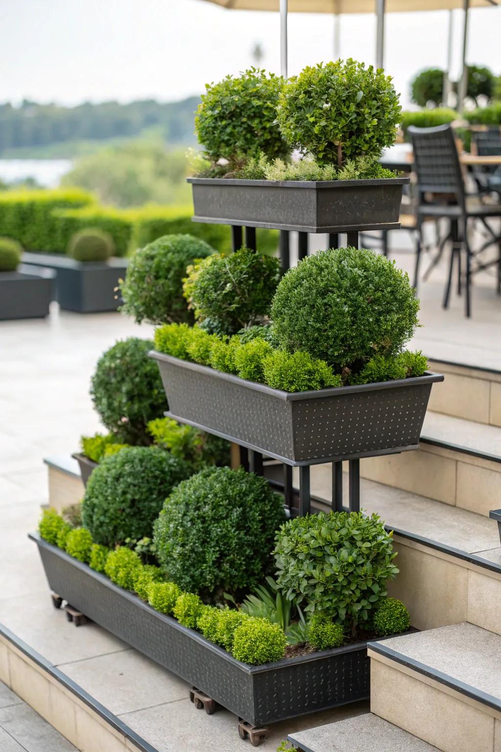 Tiered planters add visual depth with boxwoods.