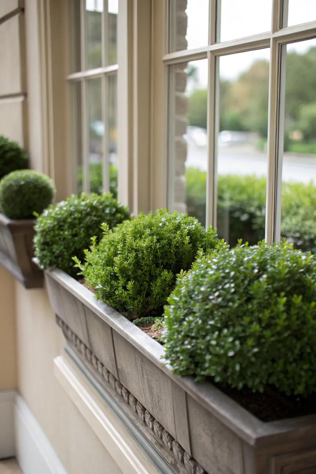 Window boxes with boxwoods enhance indoor-outdoor connection.