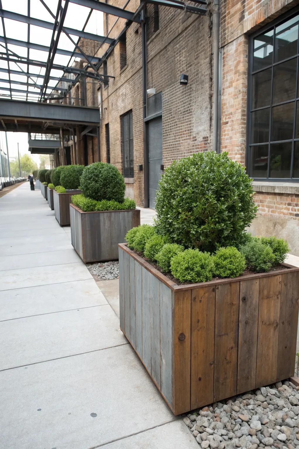 Unique containers add charm and individuality to boxwood displays.