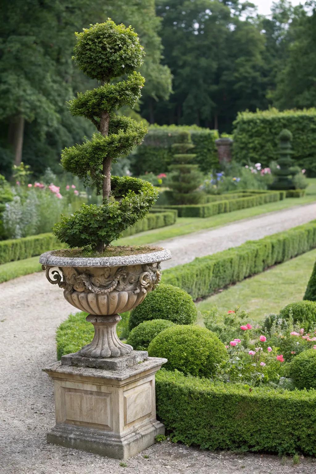 Creative topiary shaping adds personality to boxwood planters.