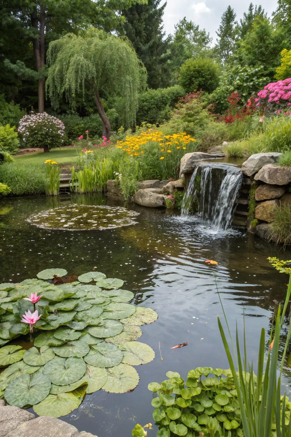 Water features like ponds or waterfalls add a soothing ambiance.