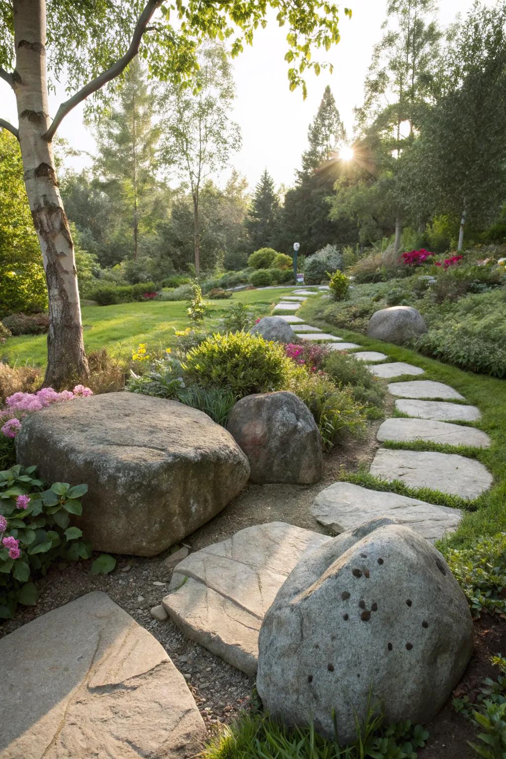 Natural stone elements add texture and stability to your garden.