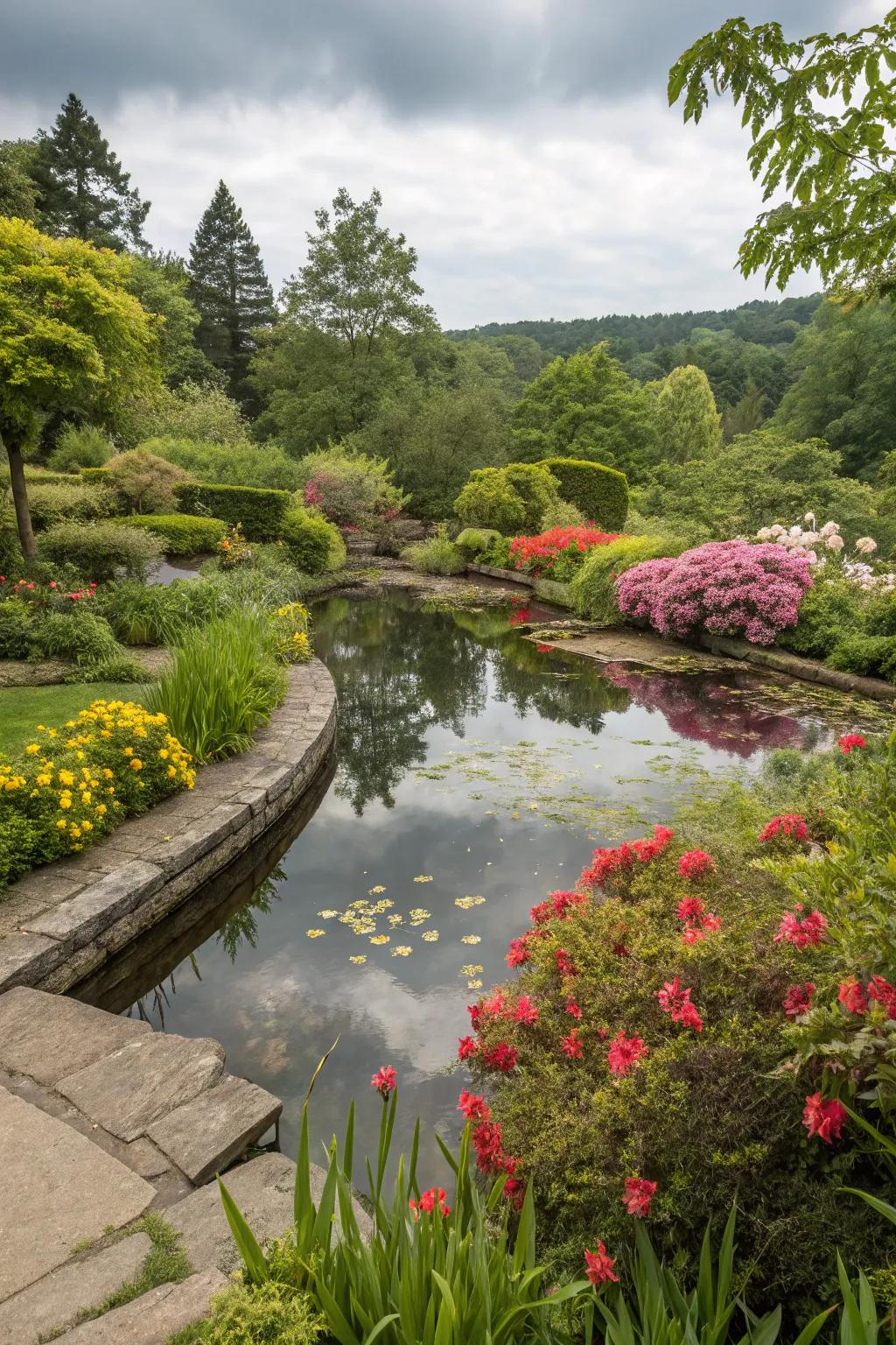 Reflective ponds enhance tranquility and contemplation.