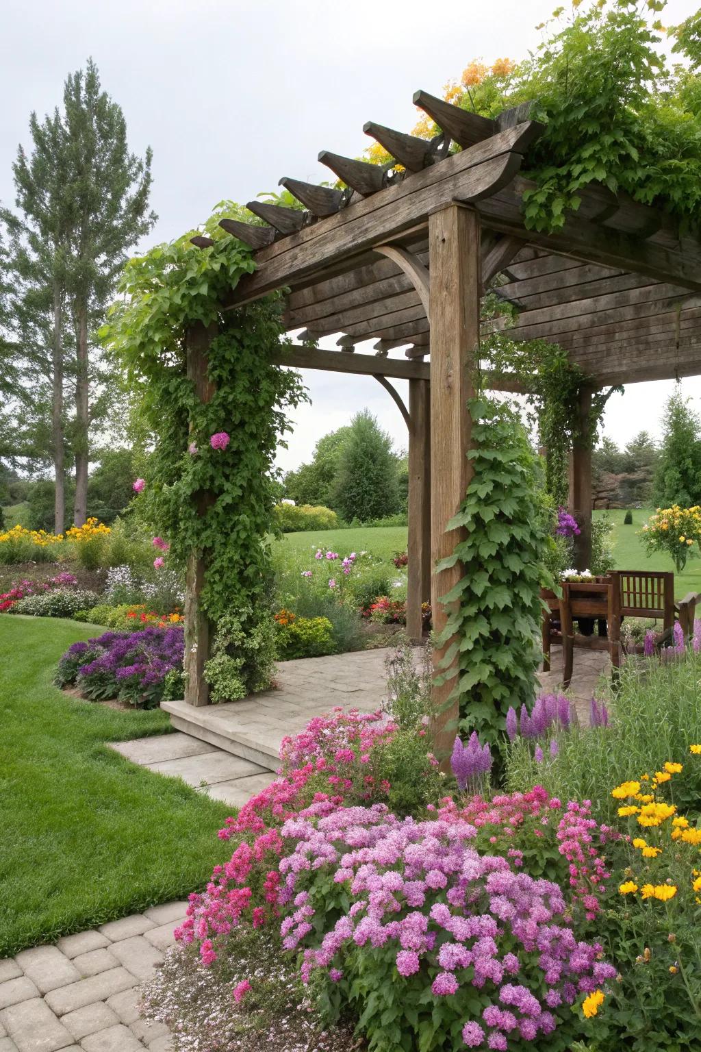 Pergolas provide shade and an enchanting focal point.