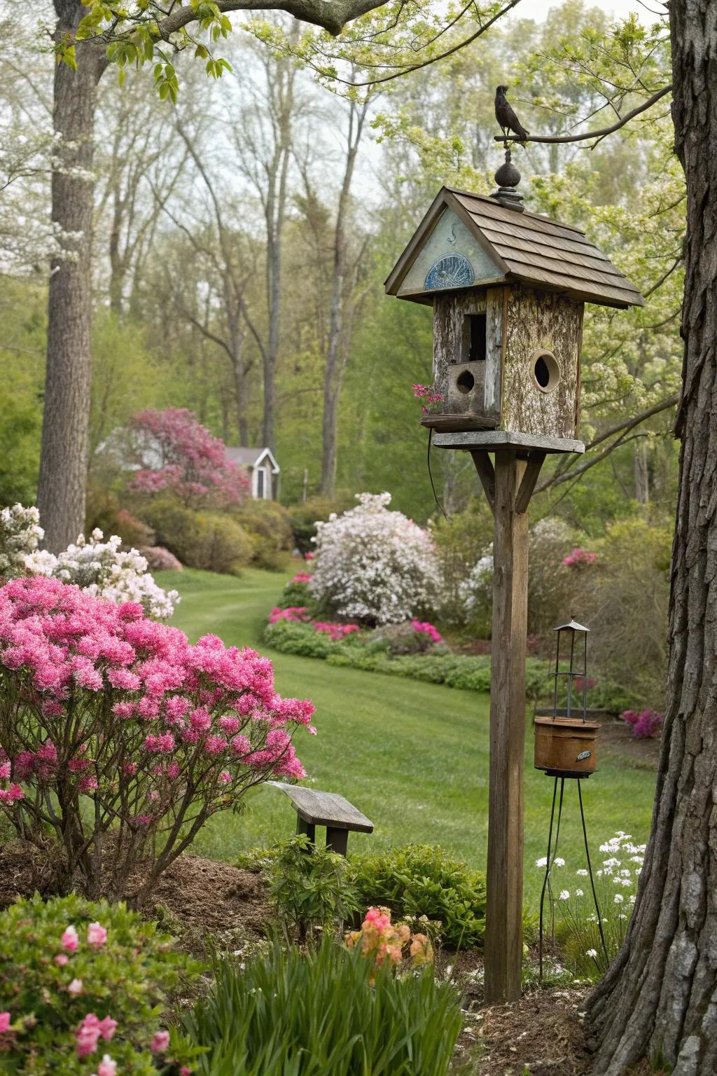 Birdhouses and feeders welcome feathered friends to your garden.