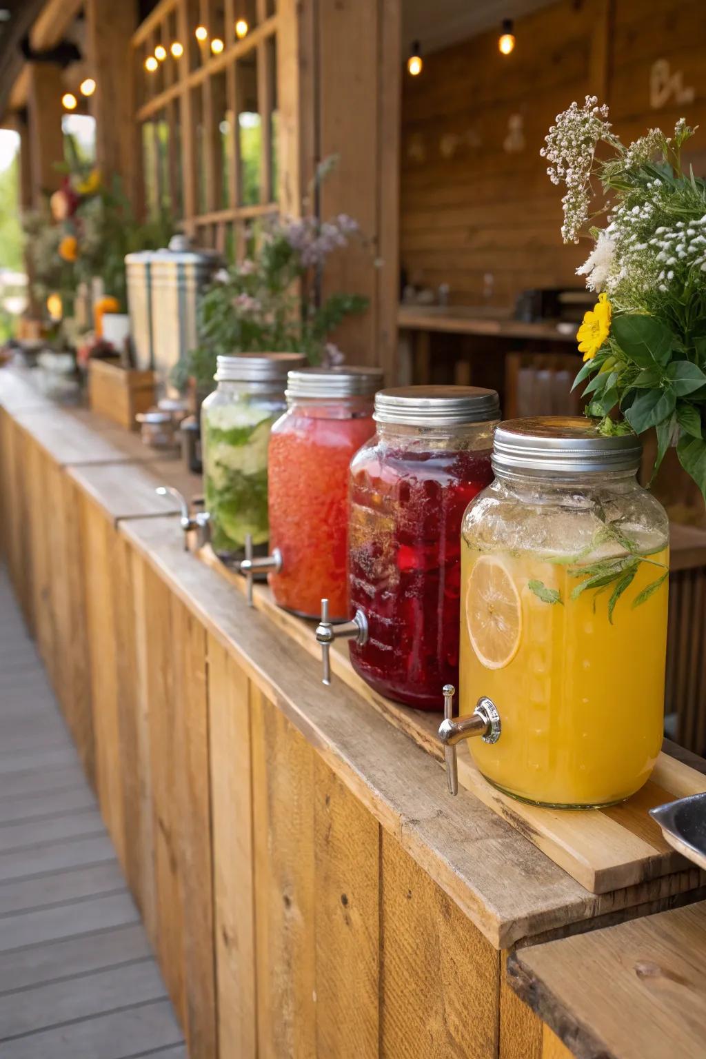 Add vintage charm with mason jar drink dispensers.