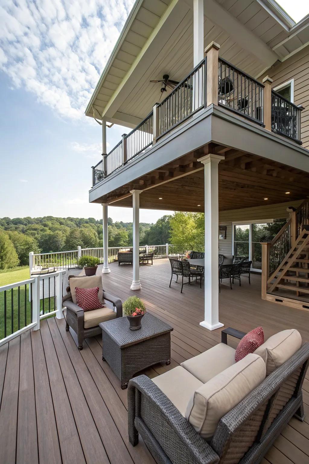 Dynamic multi-level deck with versatile overhangs.