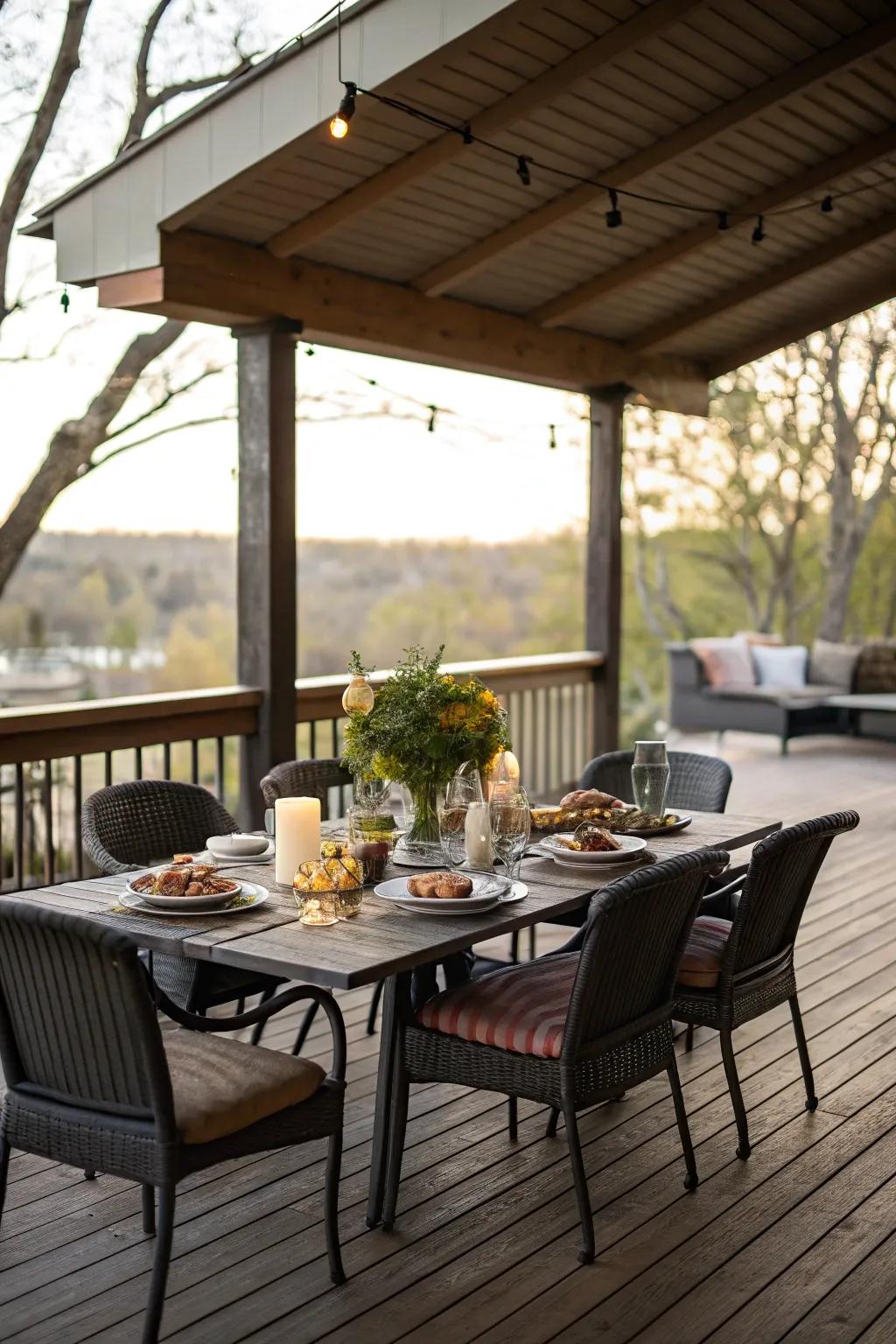 Enjoy delightful meals under a shaded deck dining area.