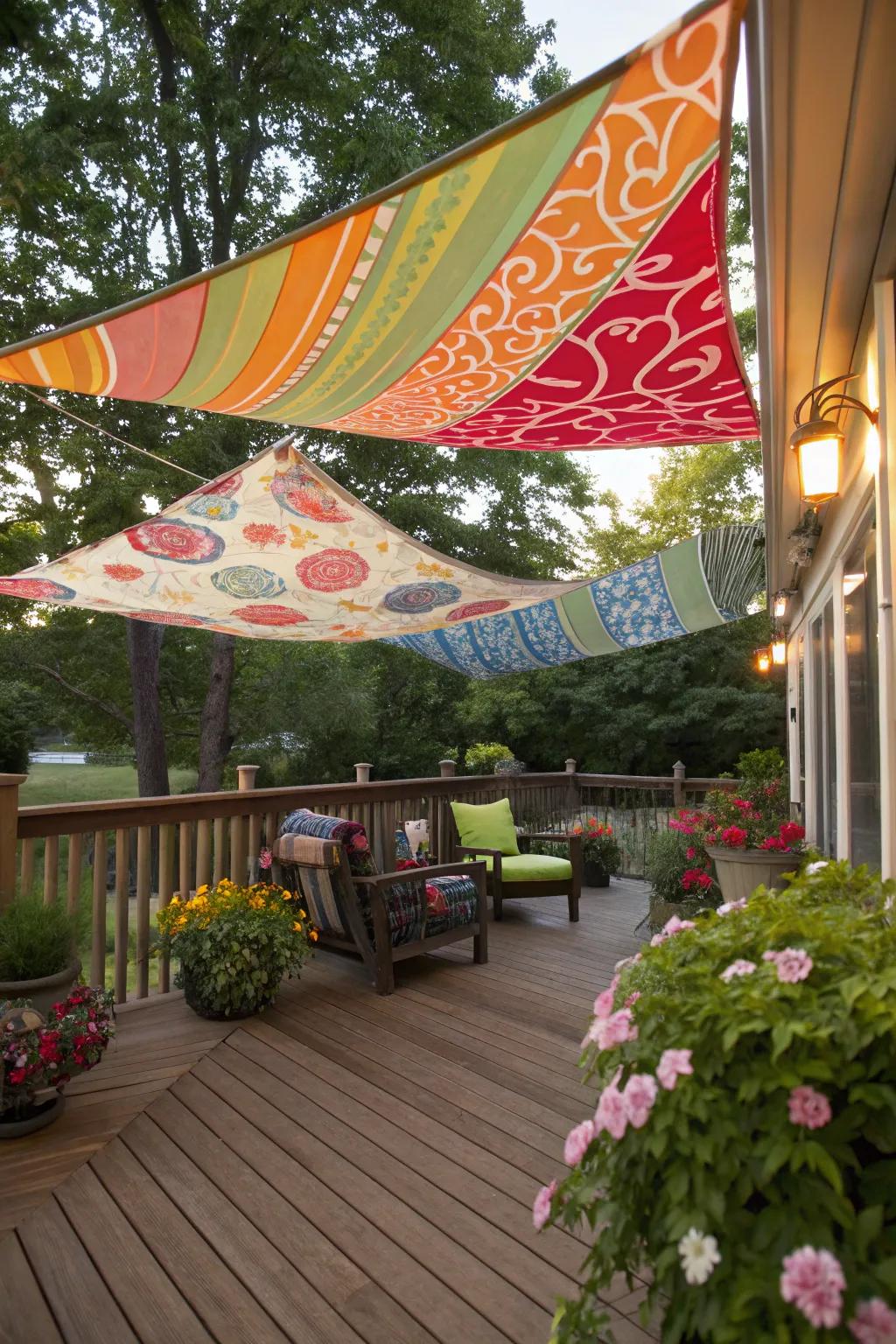 Vibrant sunshade sails bring color and comfort.