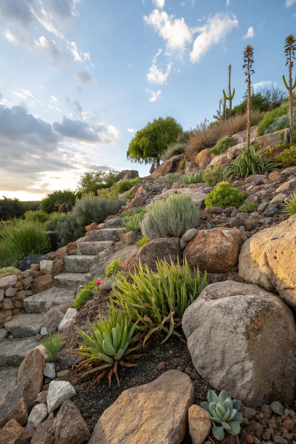Rock gardens are both decorative and practical for steep slopes.