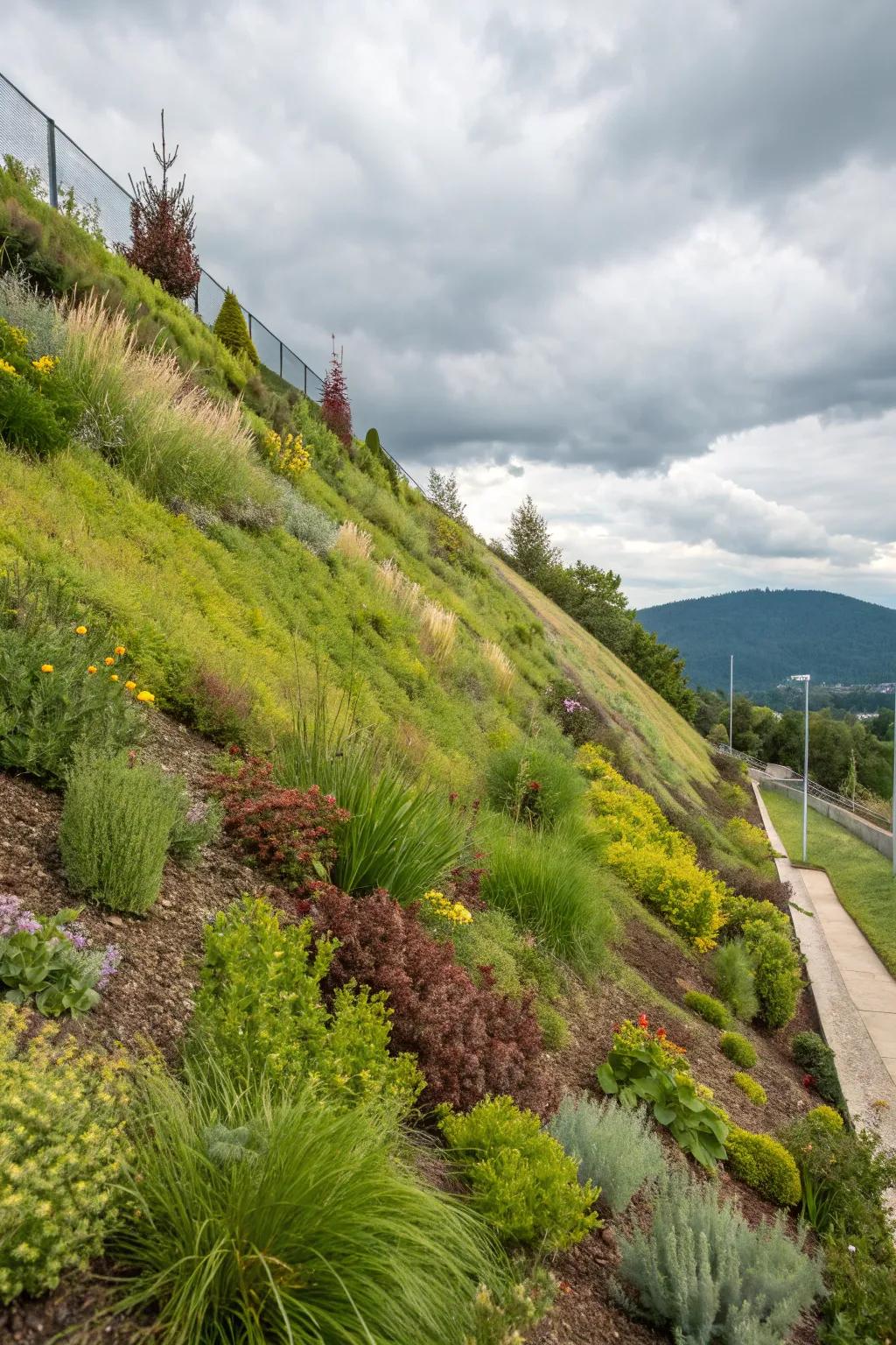 Berm plantings offer natural beauty and water management.
