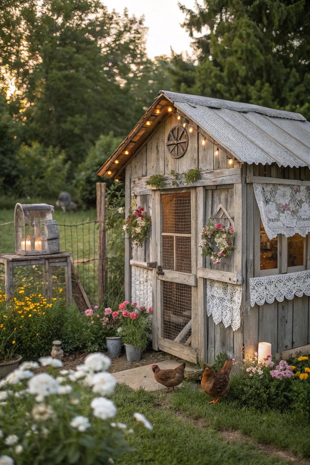 A cottagecore-inspired chicken coop with rustic charm and vintage decor.