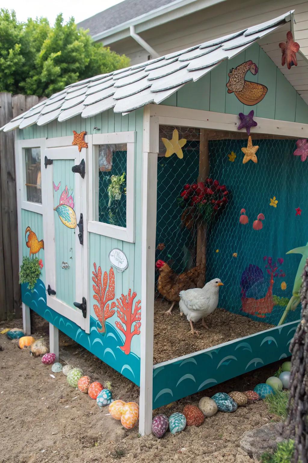 An ocean-themed chicken coop with sea creatures and coral motifs.