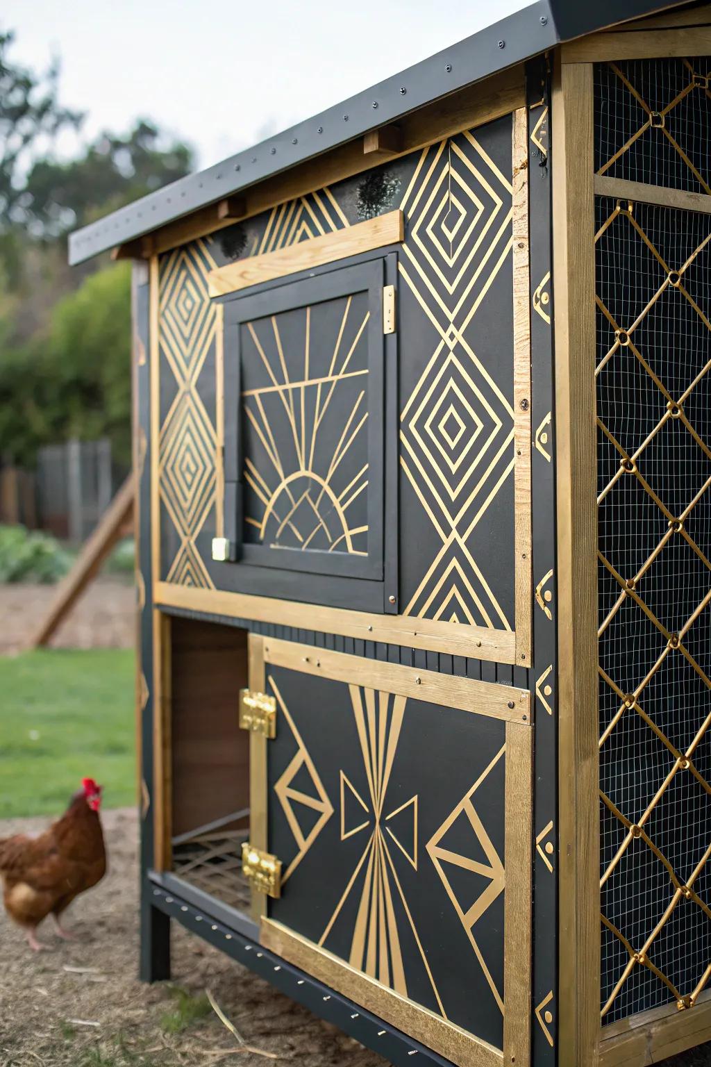 An Art Deco-inspired chicken coop with bold geometric patterns.