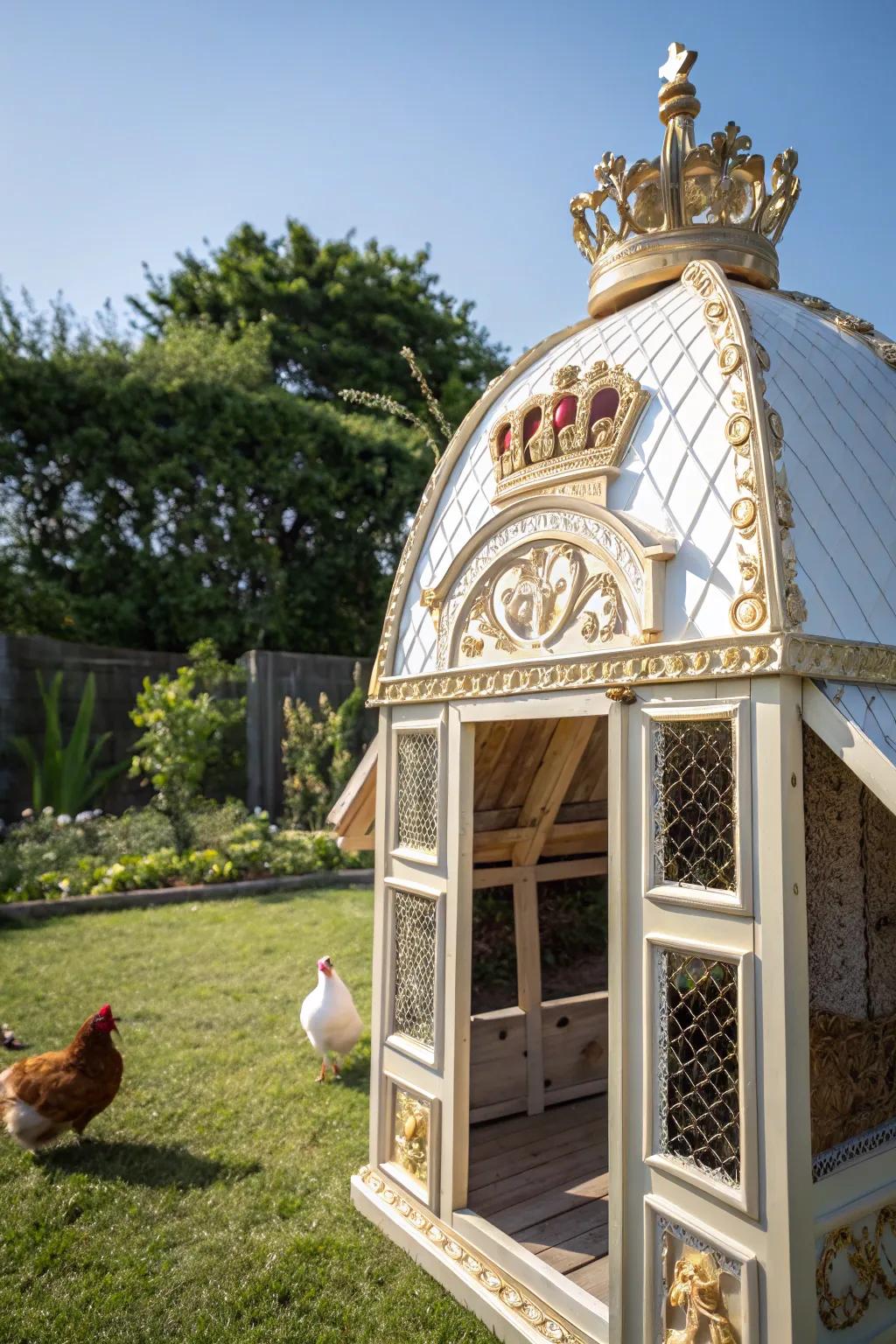 A grand chicken coop with royal motifs, fit for a chicken queen.