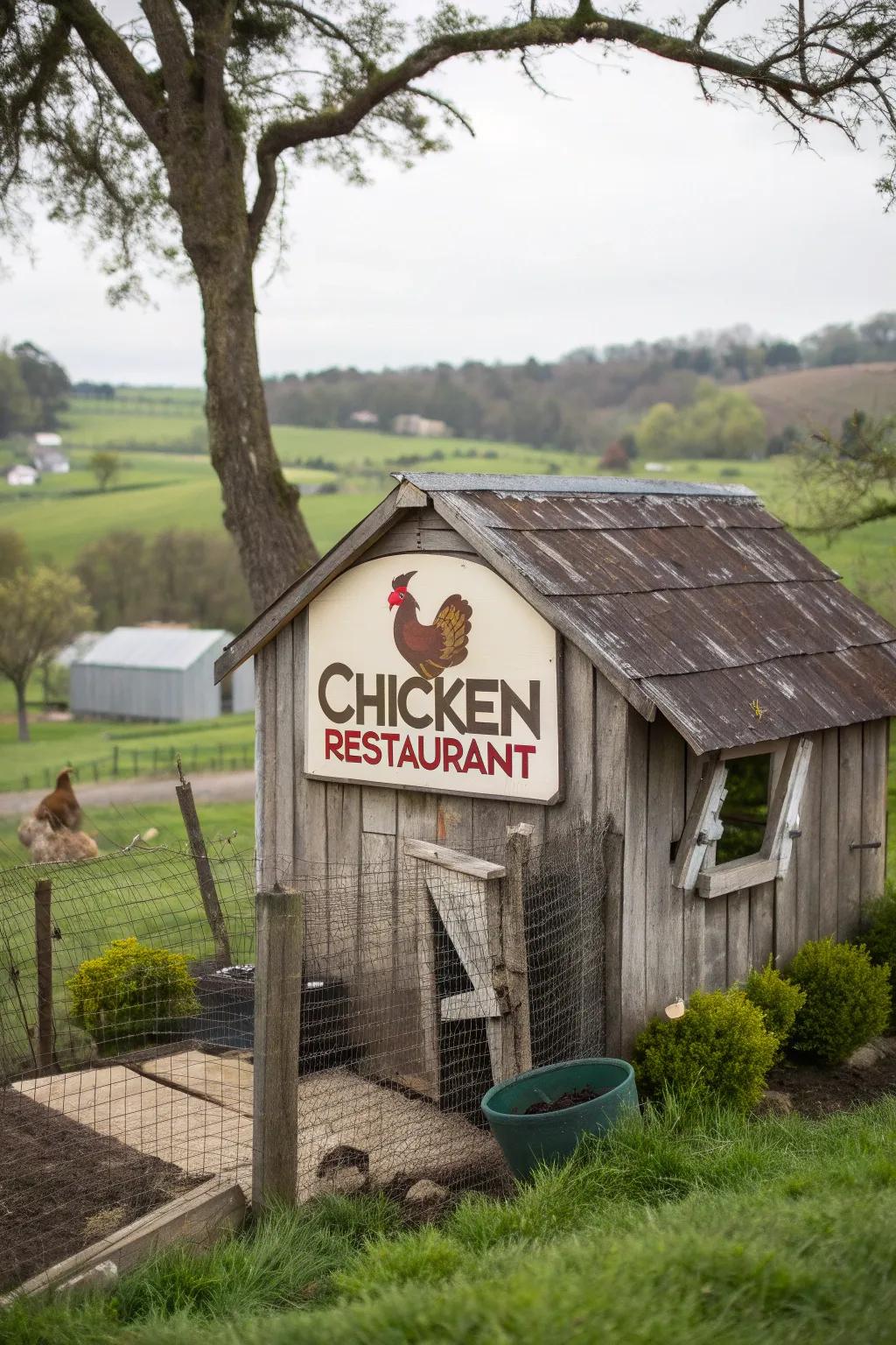 A playful chicken coop with a parody of a famous chicken restaurant logo.