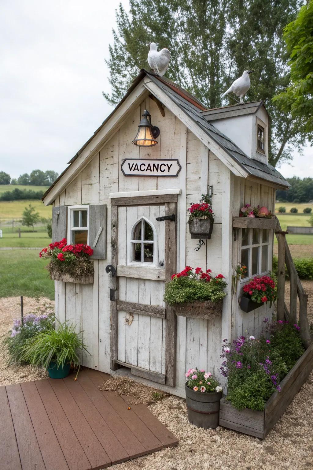 A chicken coop styled like a vintage hotel, complete with a'vacancy' sign.