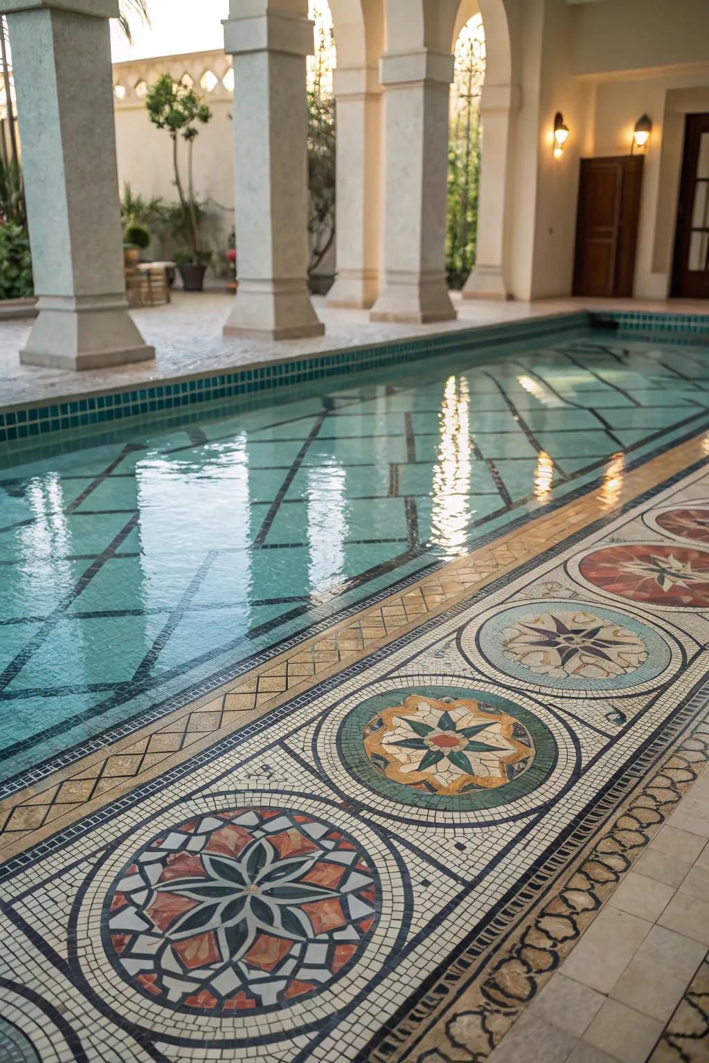 A pool turned into a masterpiece with artistic mosaics.