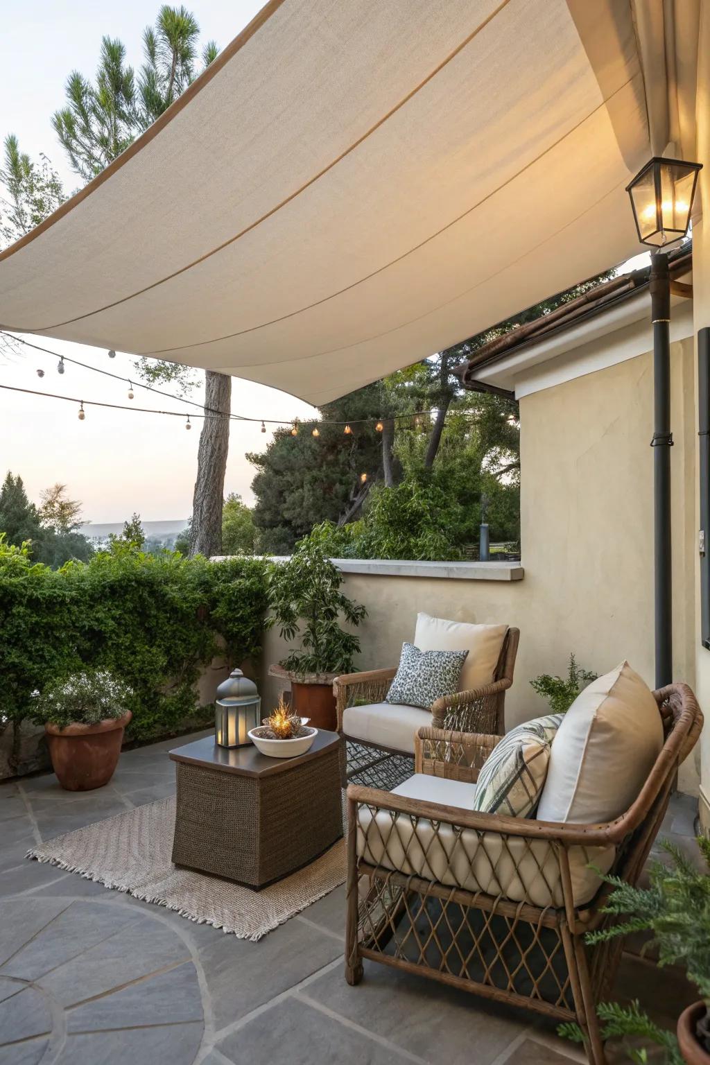 Create an inviting patio retreat with a tasteful shade sail.