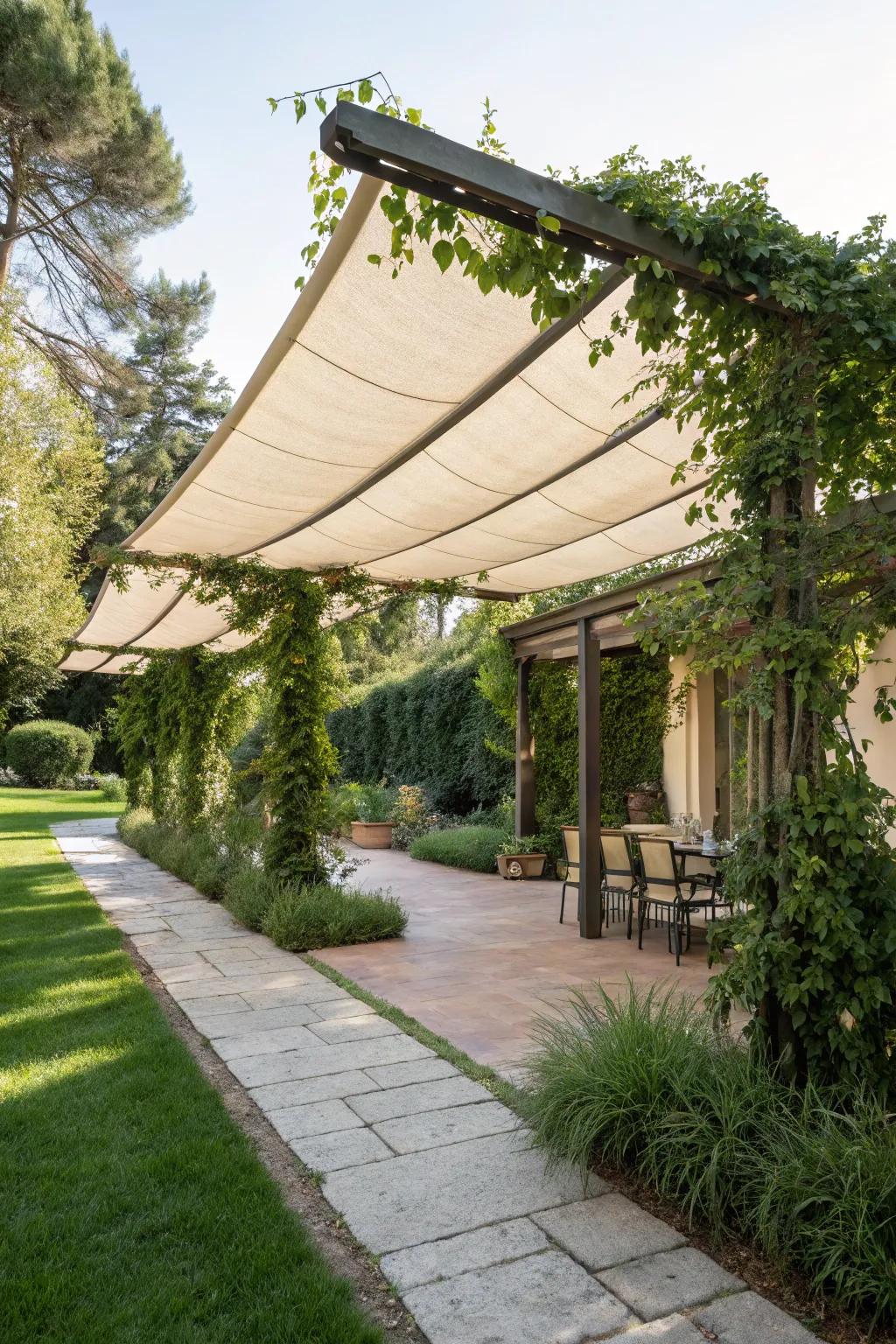 Elevate wooden pergolas with shade sails.