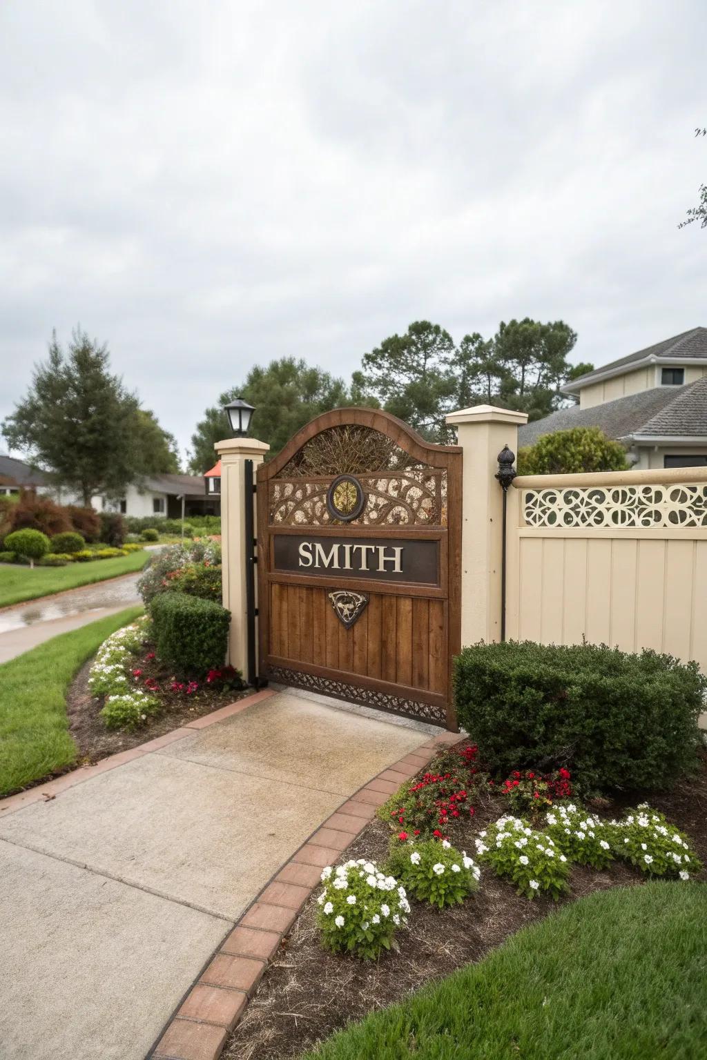 Gate with a personalized custom nameplate.