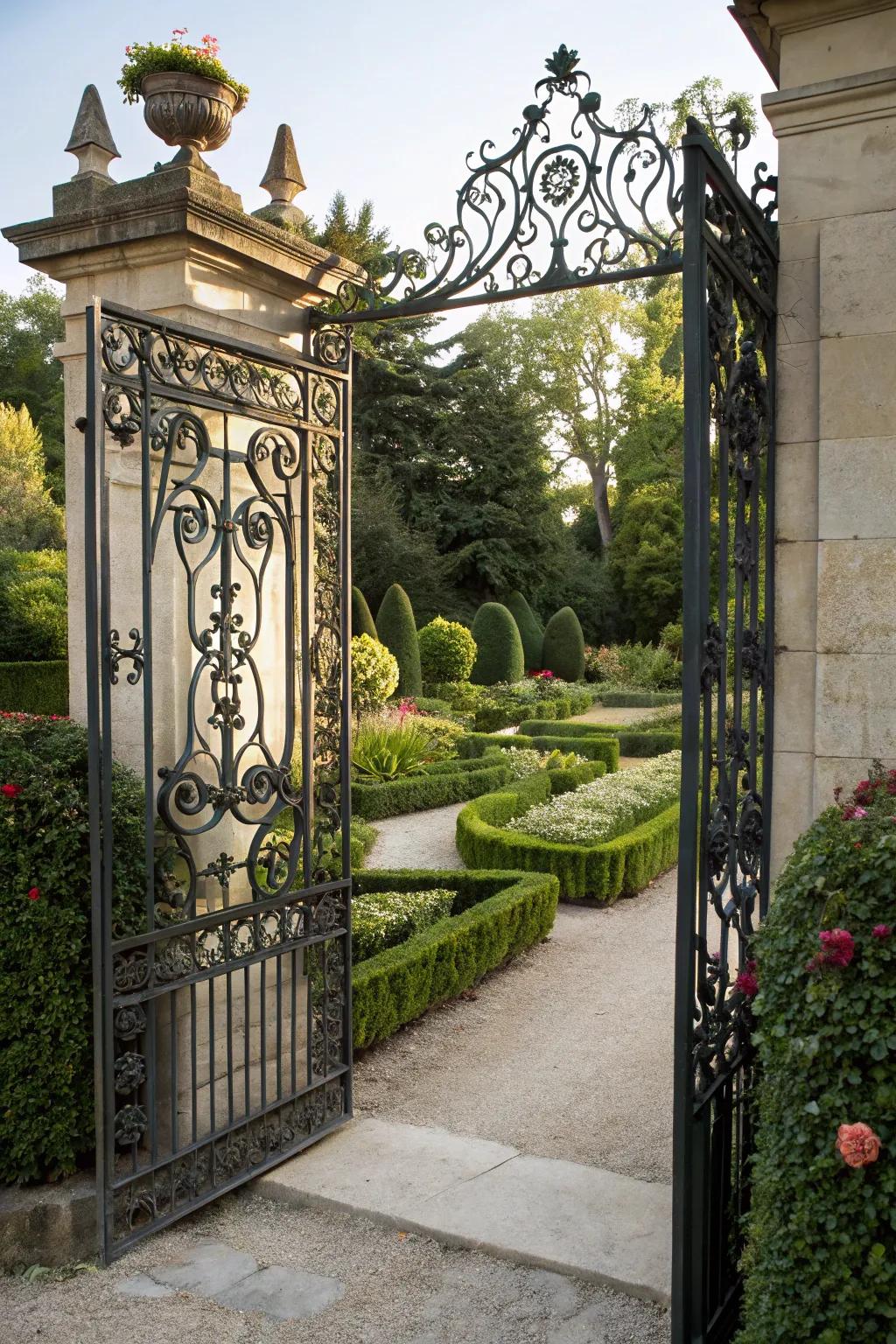 Ornamental wrought iron gate with intricate patterns.