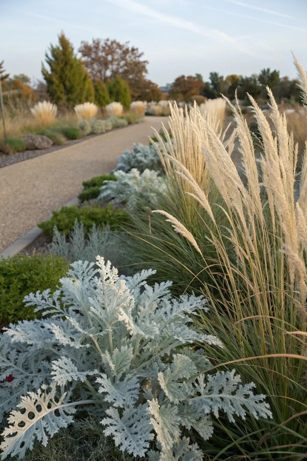 A vibrant garden scene with dusty miller and ornamental grasses.