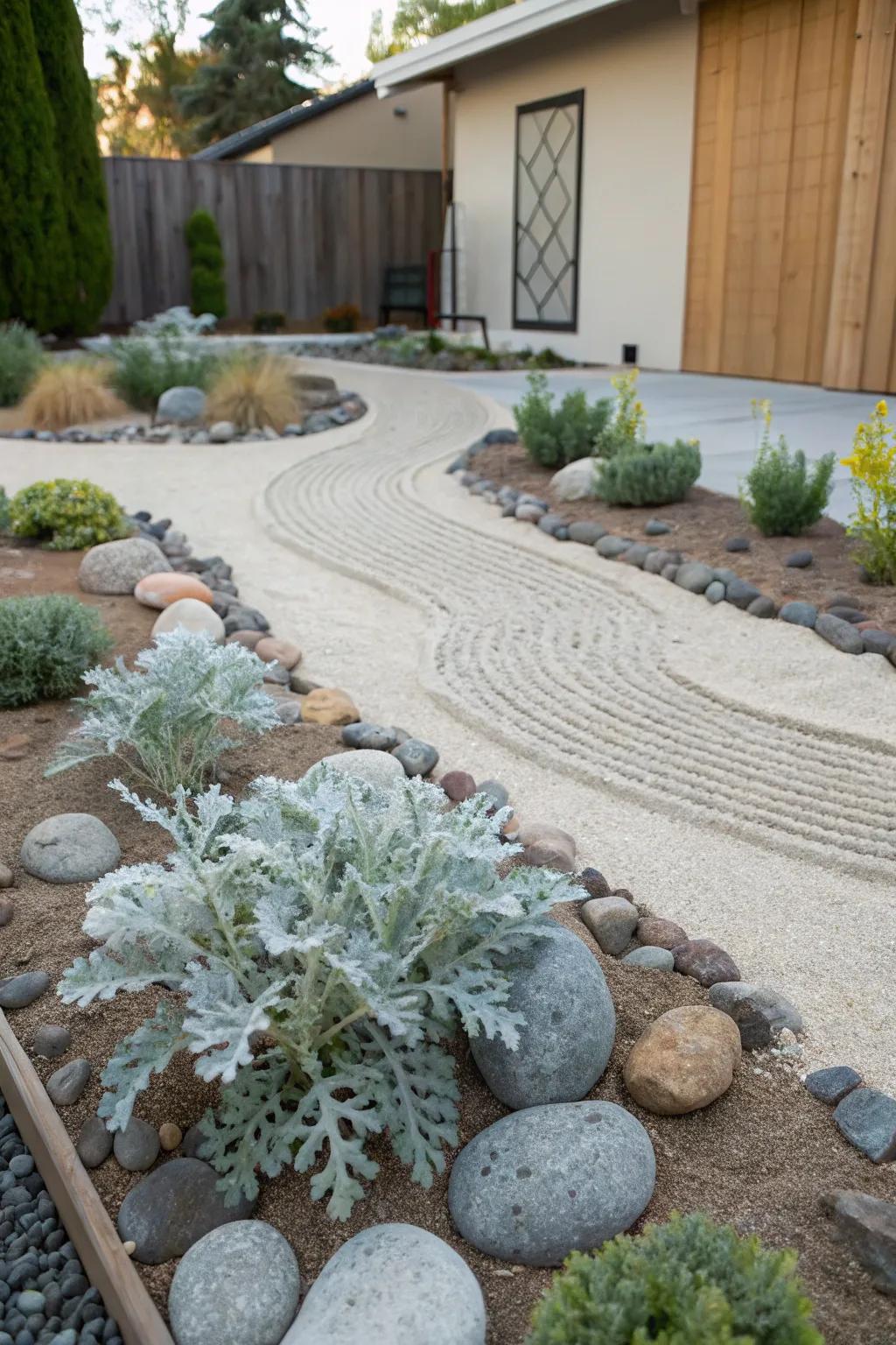Dusty miller contributing to a peaceful zen garden.
