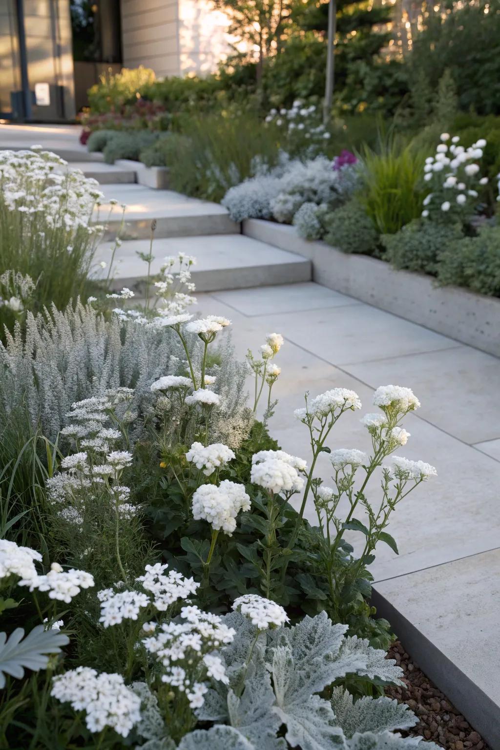 Dusty miller enhances elegance in white flower arrangements.