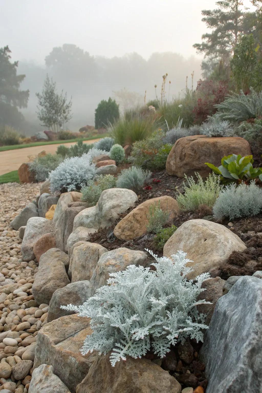 Dusty miller complements rocky garden landscapes.