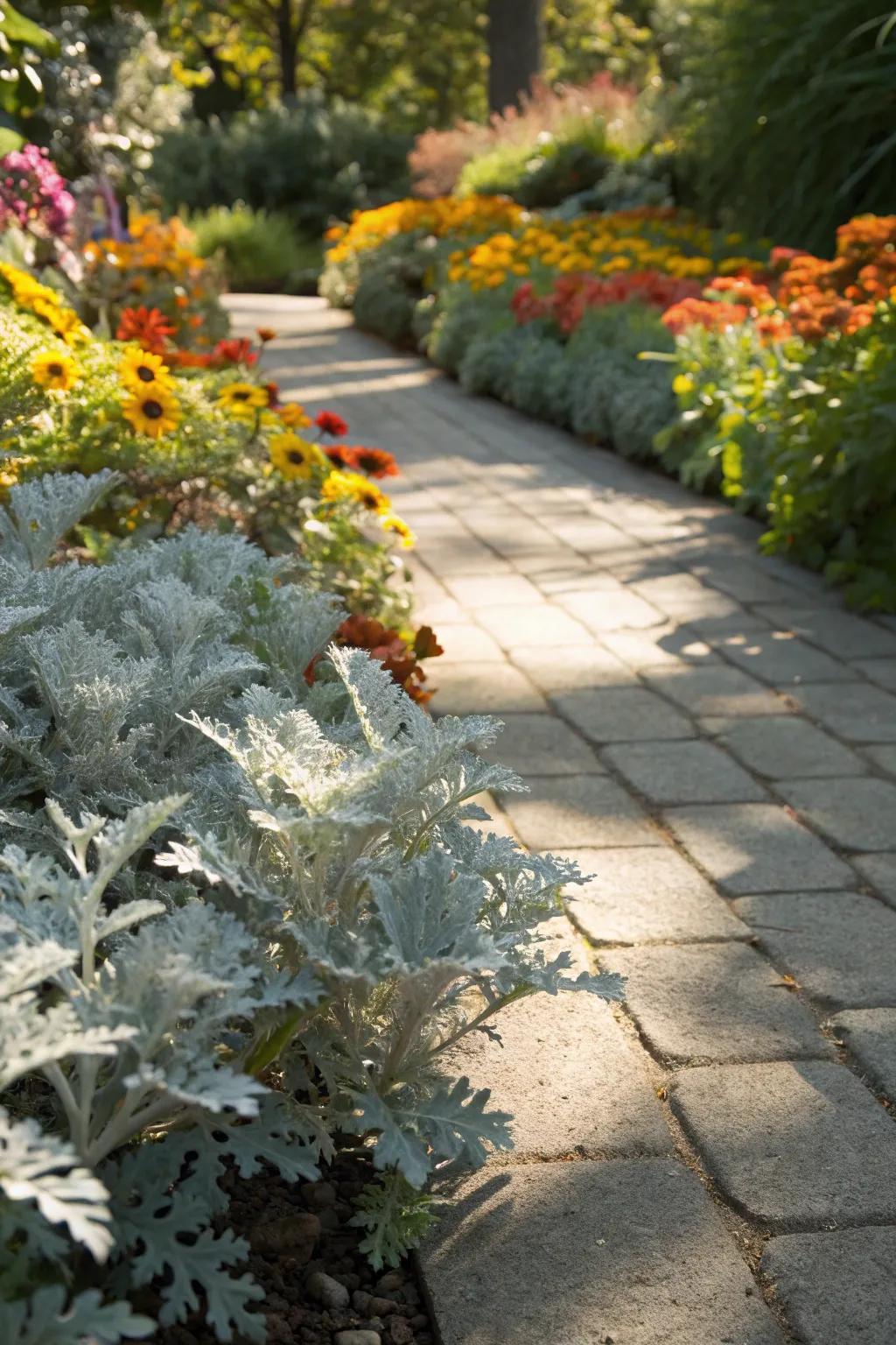 Dusty miller framing garden pathways with elegance.