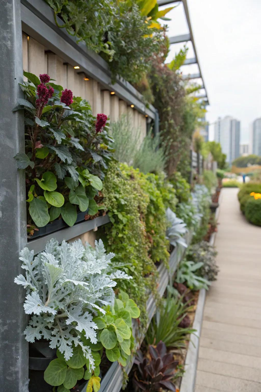 Vertical garden featuring dusty miller’s texture.