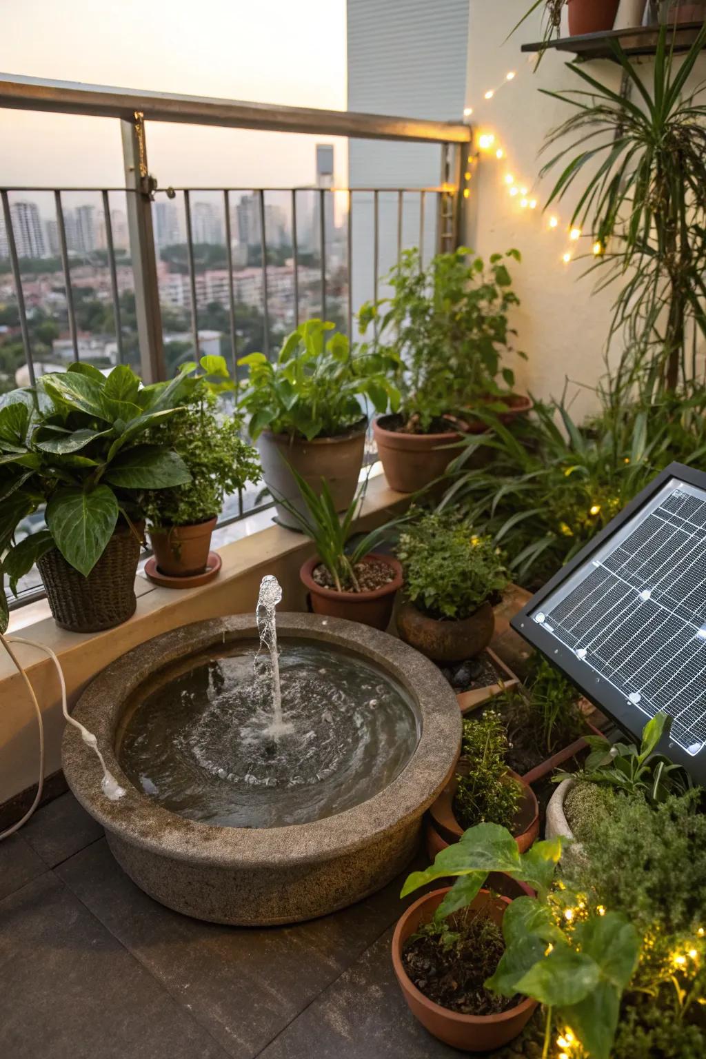 A calming water fountain feature installed on a balcony.