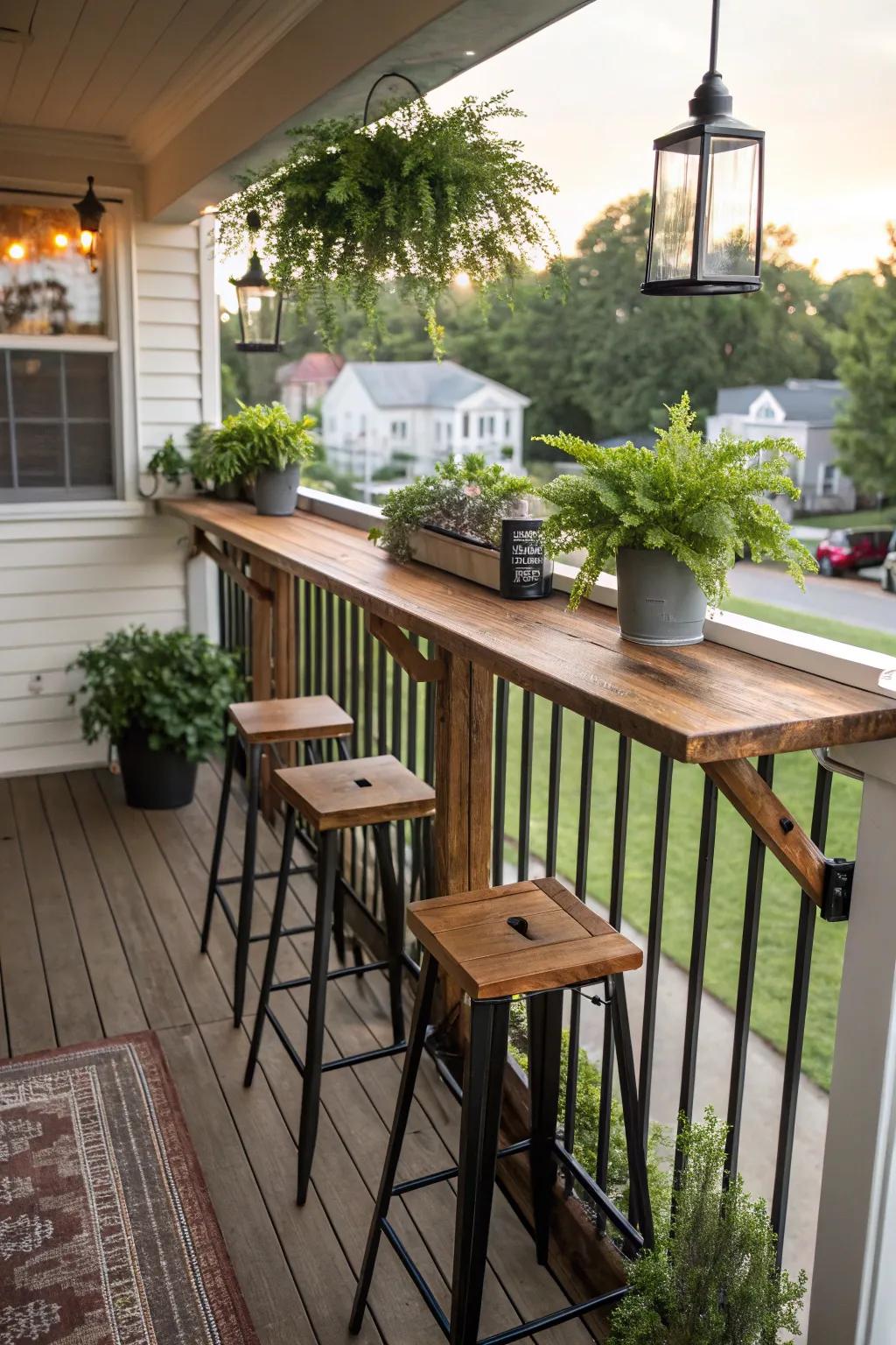 A balcony bar cleverly using railing space.