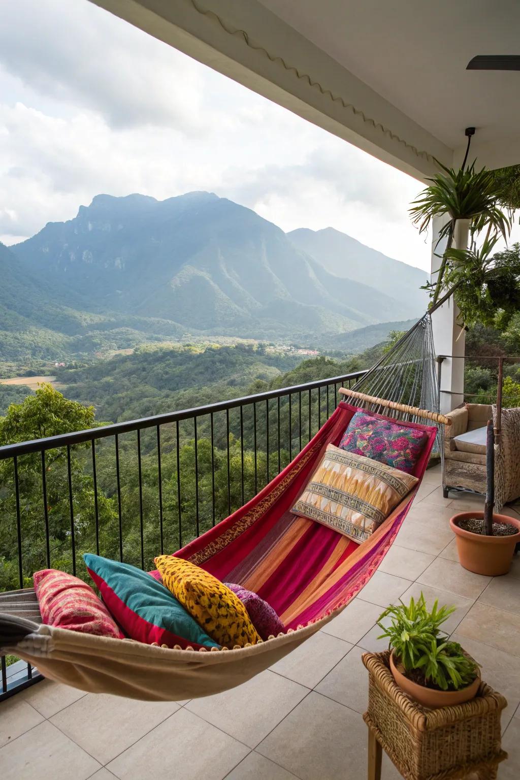 A hammock hanging on a balcony for comfortable lounging.