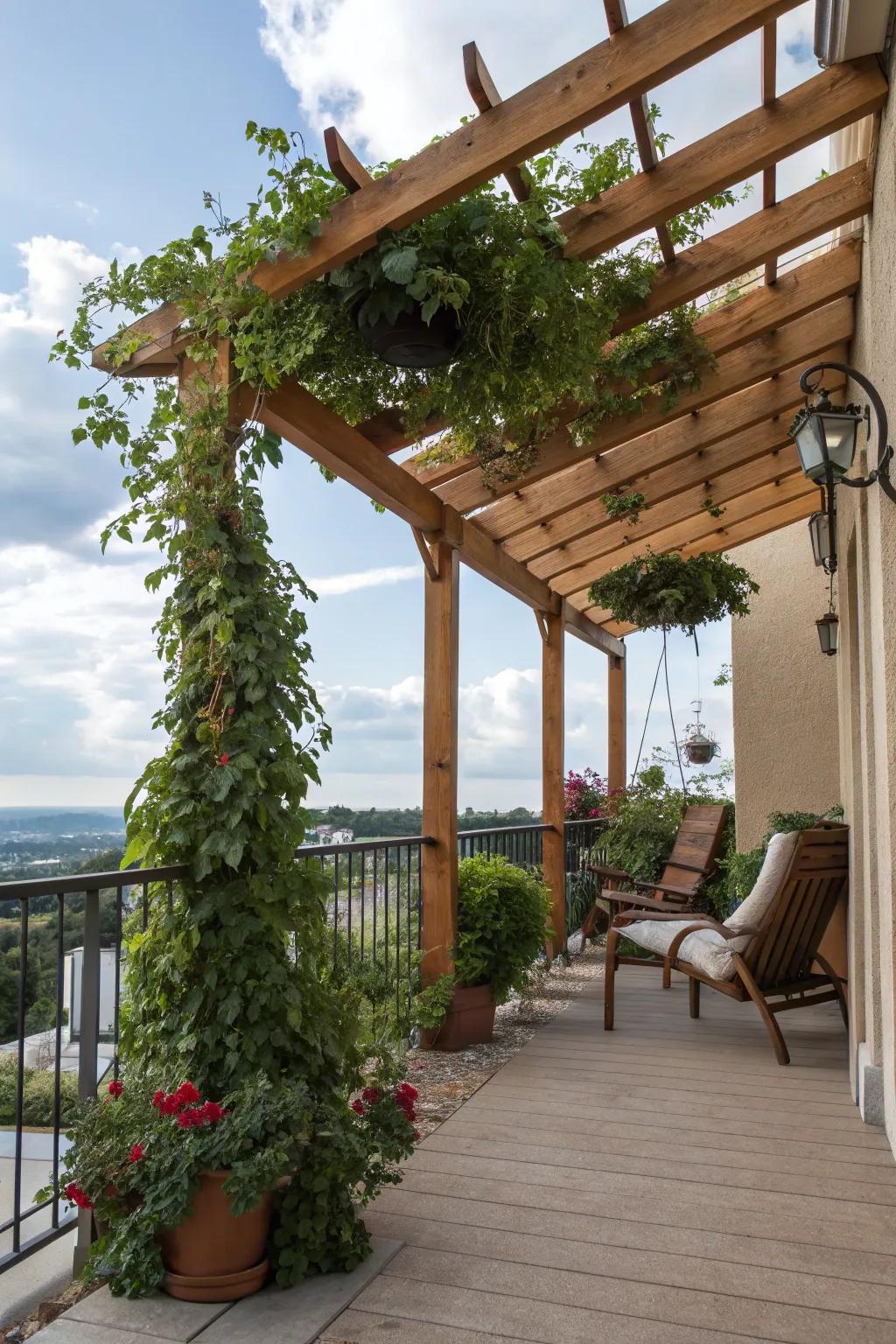 Pergola providing shaded area on the balcony.