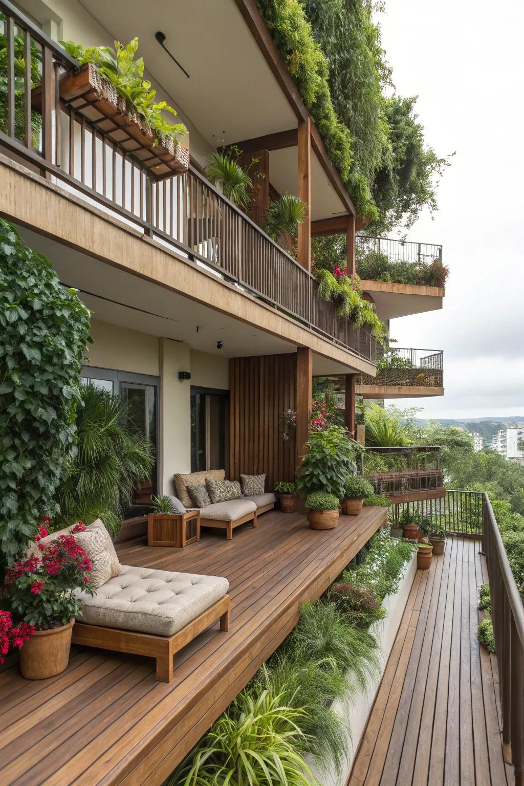 Multi-tiered deck creating functional and stylish balcony zones.
