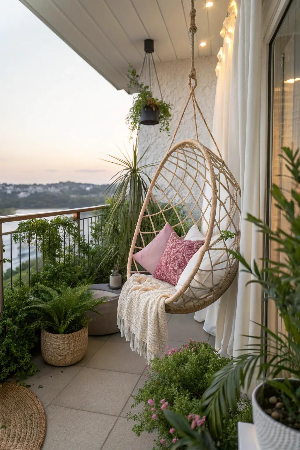 A whimsical hanging chair installed on the balcony.